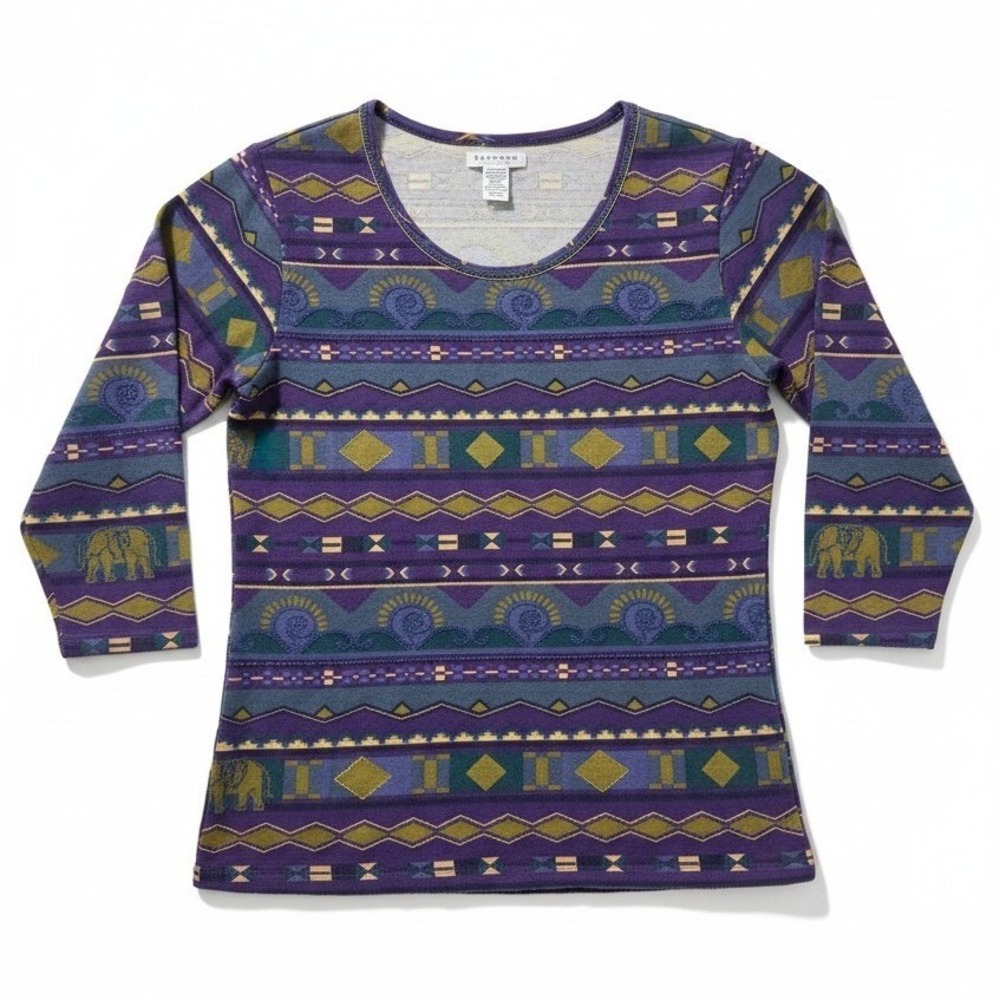 Express Tricot Purple Tribal Beaded Top, Vintage Elephant Print, Woman's‎ Small
